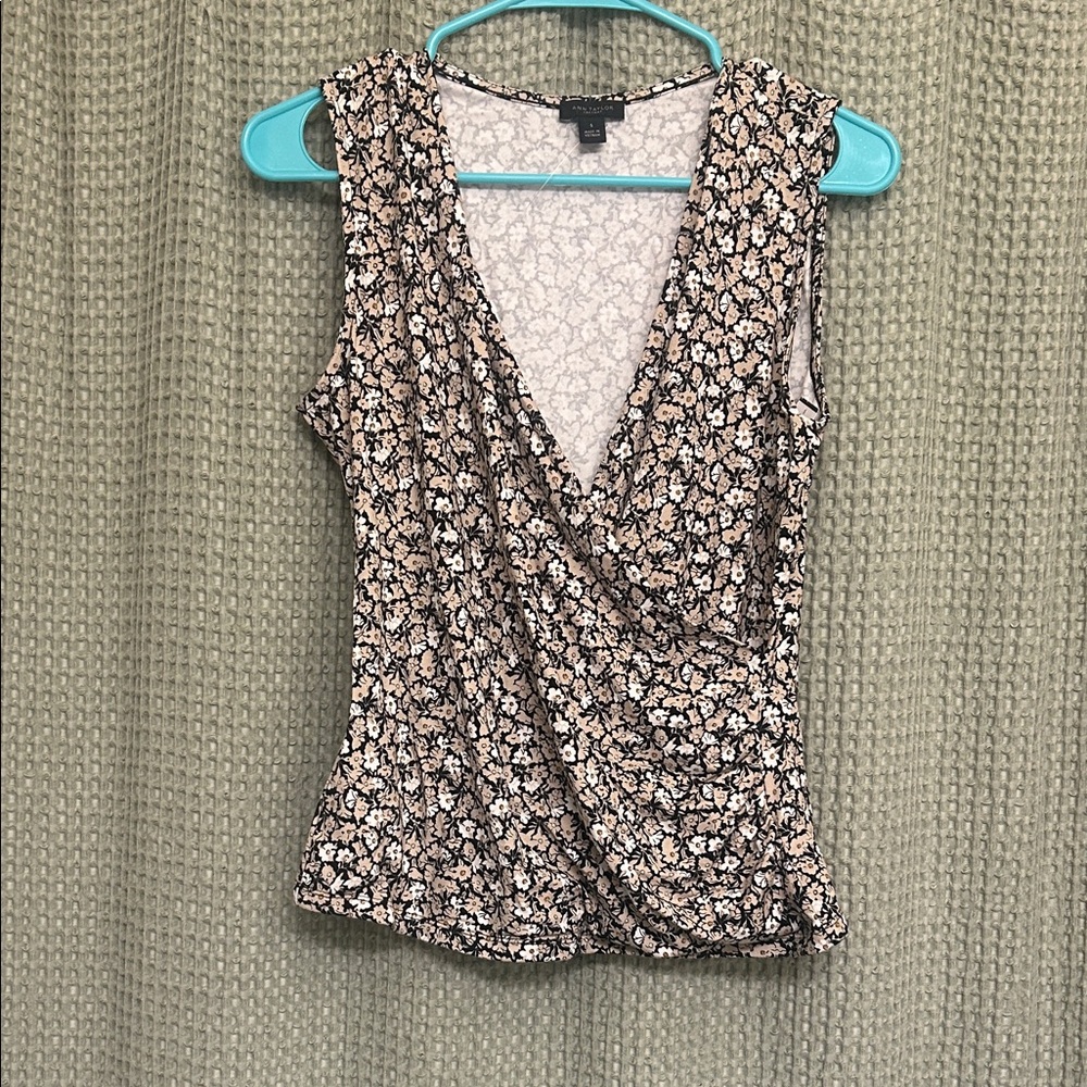 Ann Taylor Black and White Floral Wrap Blouse
